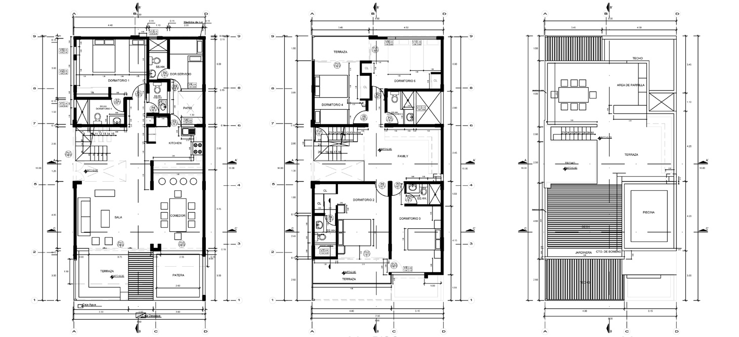 Floor plans across three levels