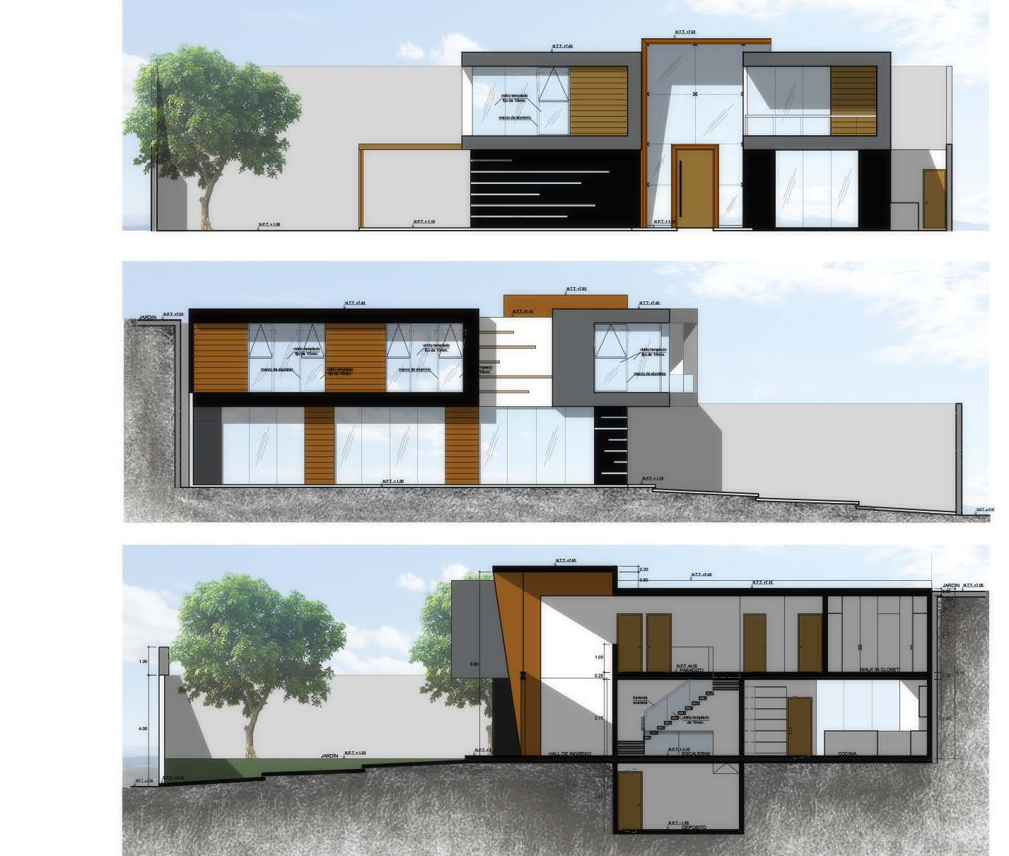 Elevation studies and section drawings